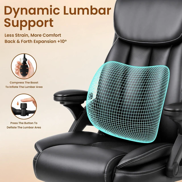 Alt view image 5 of 7 - Office Chair with Airbag Lumbar Support, 90°-160° Reclining Executive Desk Chair for Long Hours Sitting, Adjustable Height & Armrests