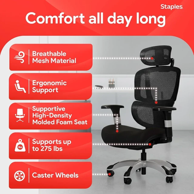 Alt view image 6 of 7 - Staples Ergonomic Mesh Task Chair with Lumbar Support, Swivel, Black