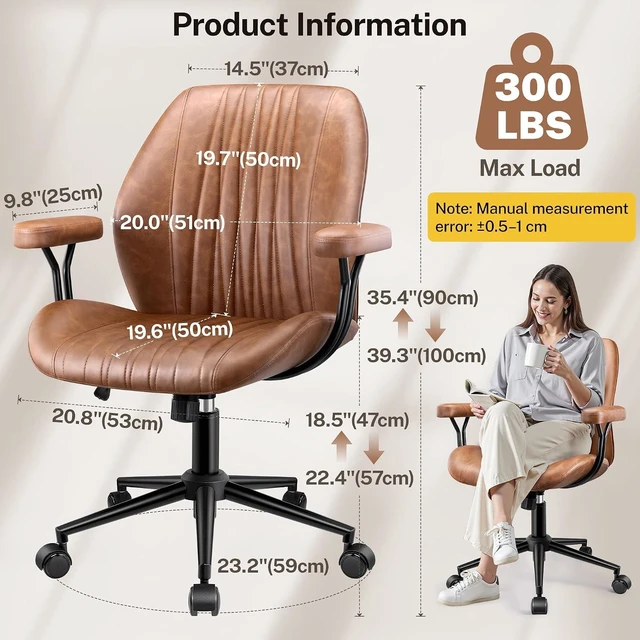 Alt view image 2 of 7 - Leather Office Chair with Removable Armrests, Mid Back Ergonomic Desk Chair with Lumbar Support, Adjustable Height Rocking Swivel Executive Chair for Home Office, Brown