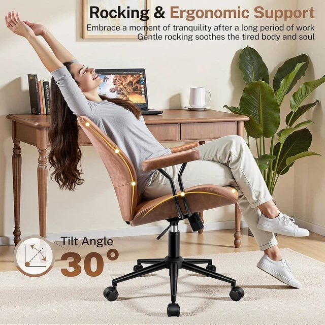 Alt view image 5 of 7 - Leather Office Chair with Removable Armrests, Mid Back Ergonomic Desk Chair with Lumbar Support, Adjustable Height Rocking Swivel Executive Chair for Home Office, Brown