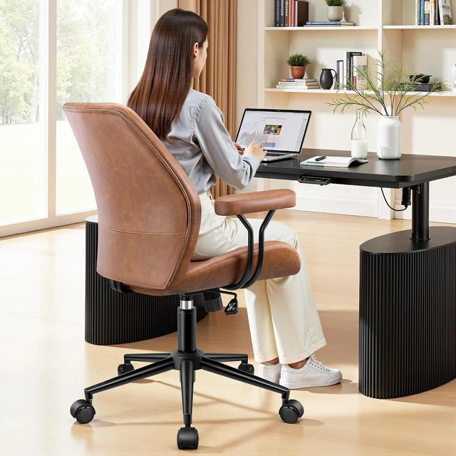 Alt view image 7 of 7 - Leather Office Chair with Removable Armrests, Mid Back Ergonomic Desk Chair with Lumbar Support, Adjustable Height Rocking Swivel Executive Chair for Home Office, Brown