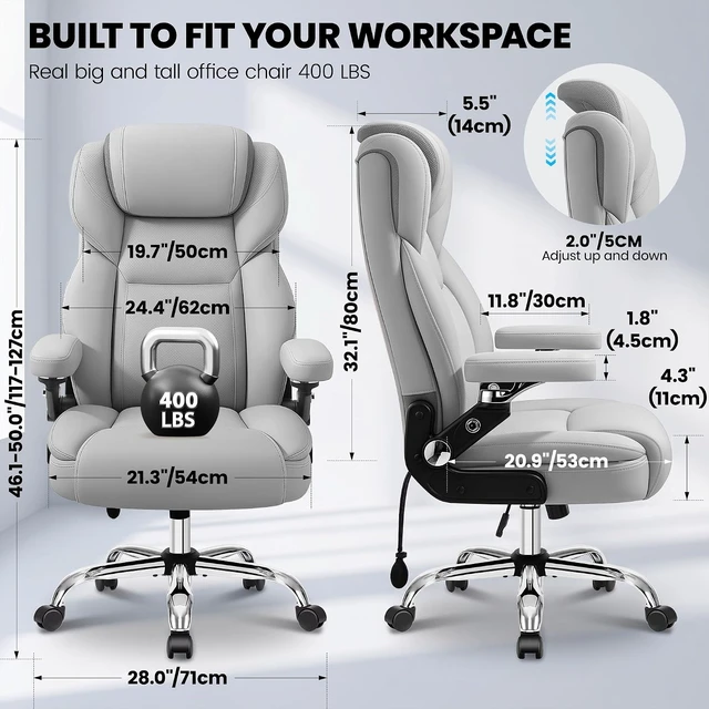 Alt view image 3 of 7 - Big and Tall Office Chair with 6D Armrests & Air Lumbar Support, Grey