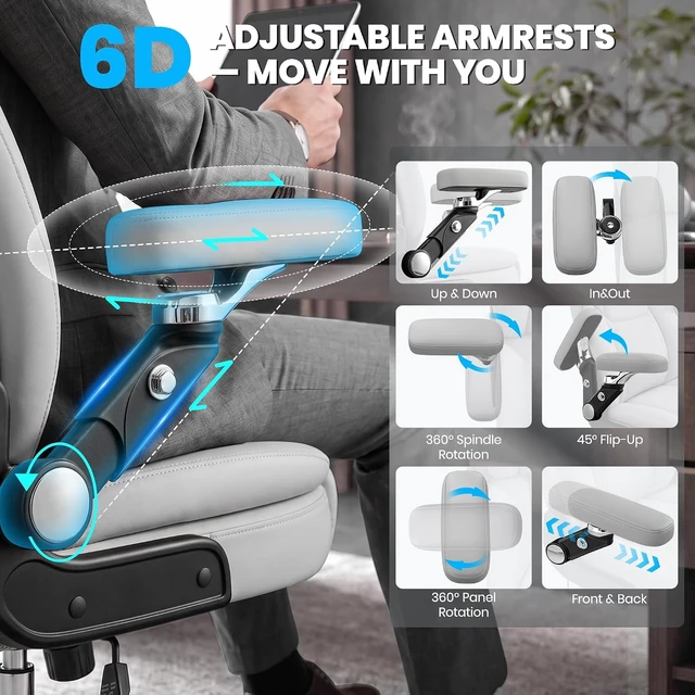 Alt view image 4 of 7 - Big and Tall Office Chair with 6D Armrests & Air Lumbar Support, Grey
