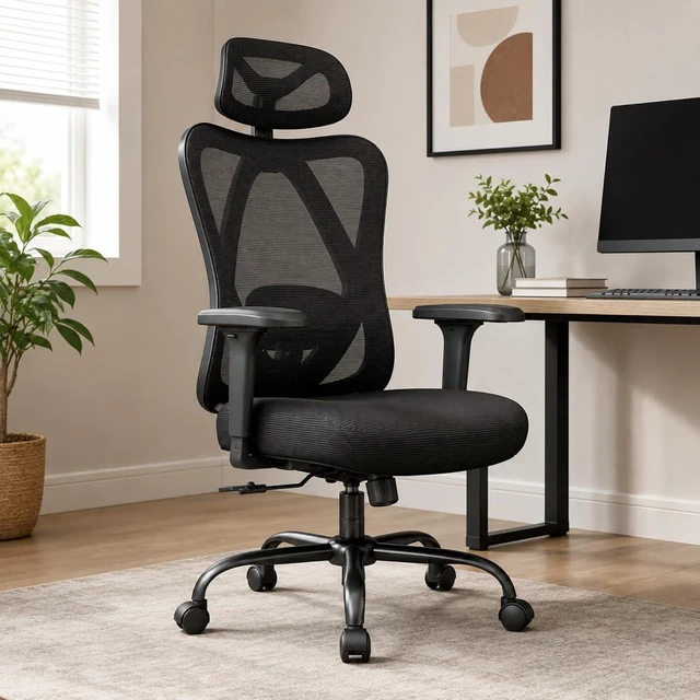 Main image of Mesh Office Chair with Headrest, Lumbar Support, 3D Arms, Wide Seat
