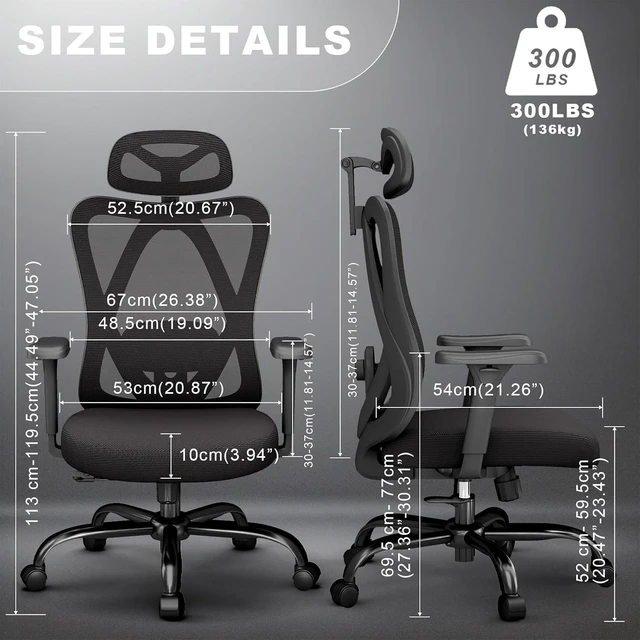 Alt view image 2 of 7 - Mesh Office Chair with Headrest, Lumbar Support, 3D Arms, Wide Seat