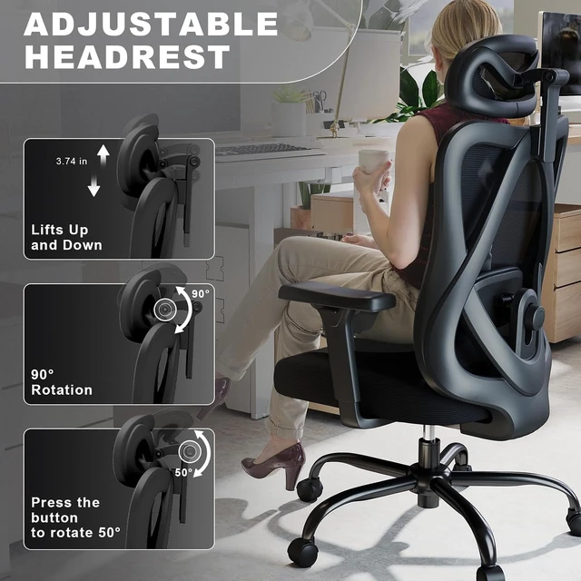 Alt view image 3 of 7 - Mesh Office Chair with Headrest, Lumbar Support, 3D Arms, Wide Seat