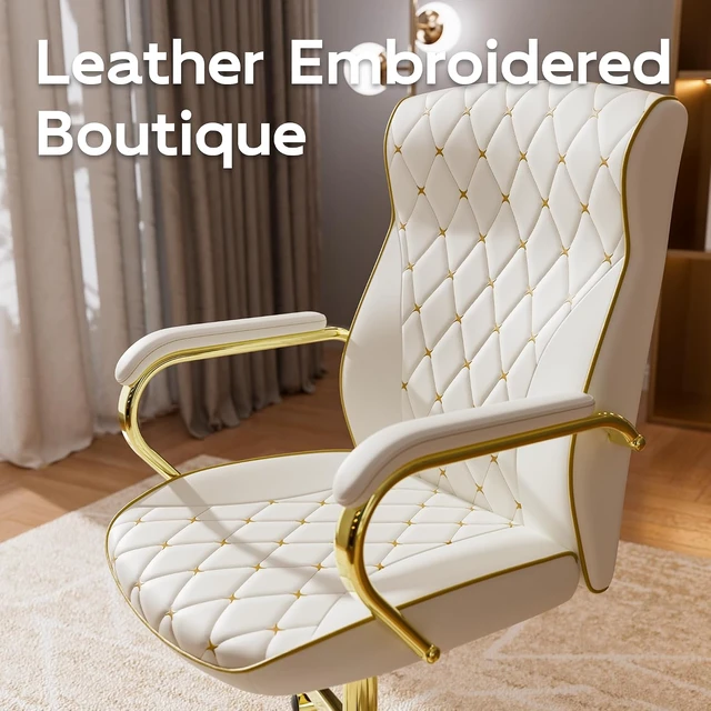 Alt view image 6 of 7 - White and Gold Office Chair, Luxury Leather Executive Desk Chair