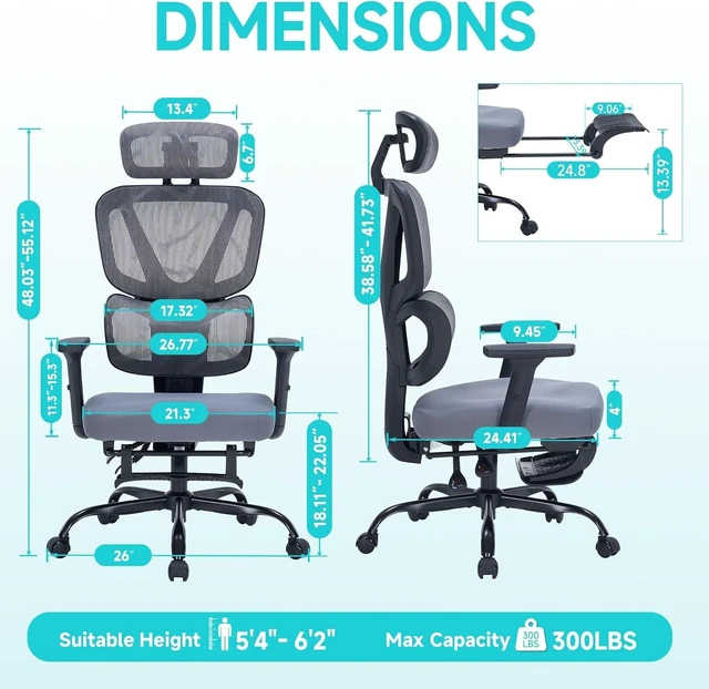 Alt view image 2 of 7 - Ergonomic Office Chair with Footrest, 90-160° Reclining Mesh Desk Chair