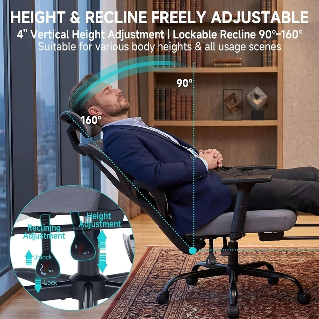 Alt view image 3 of 7 - Ergonomic Office Chair with Footrest, 90-160° Reclining Mesh Desk Chair