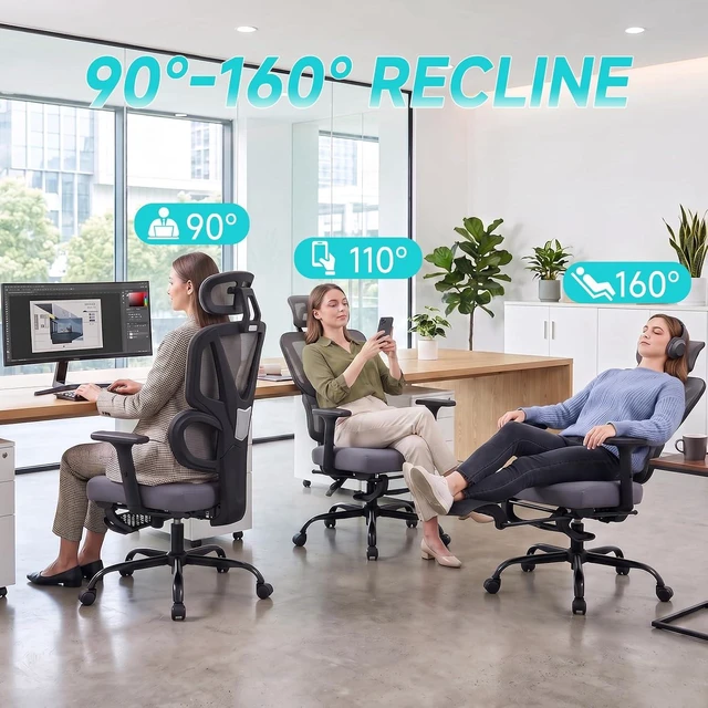 Alt view image 4 of 7 - Ergonomic Office Chair with Footrest, 90-160° Reclining Mesh Desk Chair