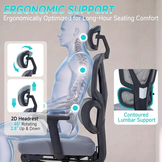 Alt view image 5 of 7 - Ergonomic Office Chair with Footrest, 90-160° Reclining Mesh Desk Chair