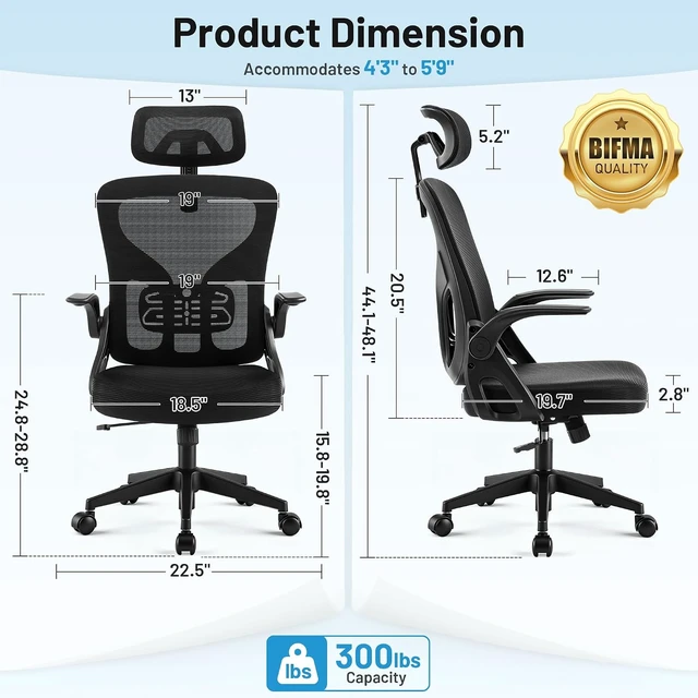 Alt view image 2 of 7 - Office Chair Ergonomic Desk Chair with Adjustable Headrest Lumbar Support, High Back Breathable Mesh Chair with 120° Tilt & Flip-Up Armrests, Swivel Comfy Task Computer Chair for Work, Study