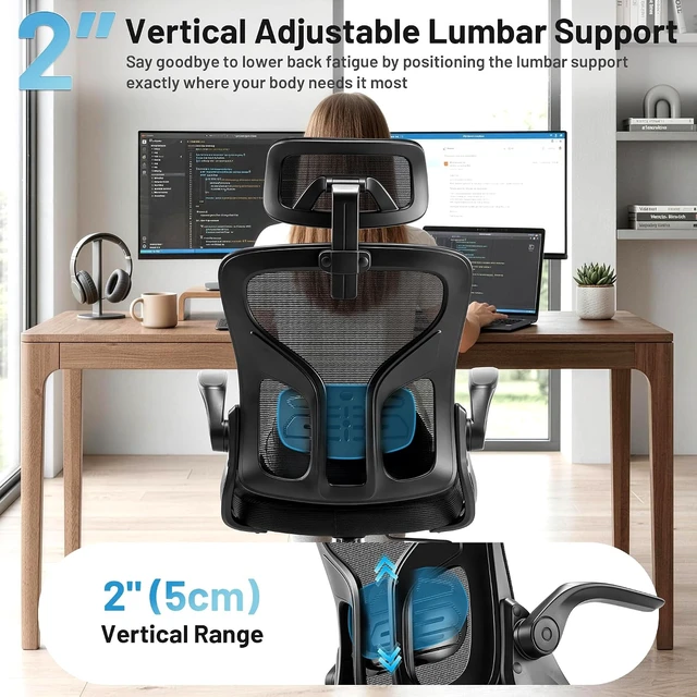 Alt view image 3 of 7 - Office Chair Ergonomic Desk Chair with Adjustable Headrest Lumbar Support, High Back Breathable Mesh Chair with 120° Tilt & Flip-Up Armrests, Swivel Comfy Task Computer Chair for Work, Study