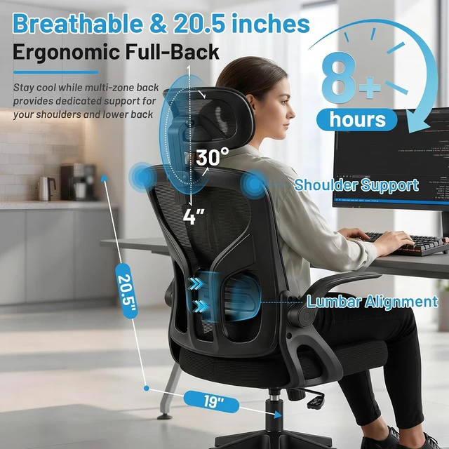 Alt view image 4 of 7 - Office Chair Ergonomic Desk Chair with Adjustable Headrest Lumbar Support, High Back Breathable Mesh Chair with 120° Tilt & Flip-Up Armrests, Swivel Comfy Task Computer Chair for Work, Study