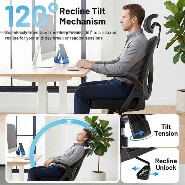 Alt view image 5 of 7 - Office Chair Ergonomic Desk Chair with Adjustable Headrest Lumbar Support, High Back Breathable Mesh Chair with 120° Tilt & Flip-Up Armrests, Swivel Comfy Task Computer Chair for Work, Study