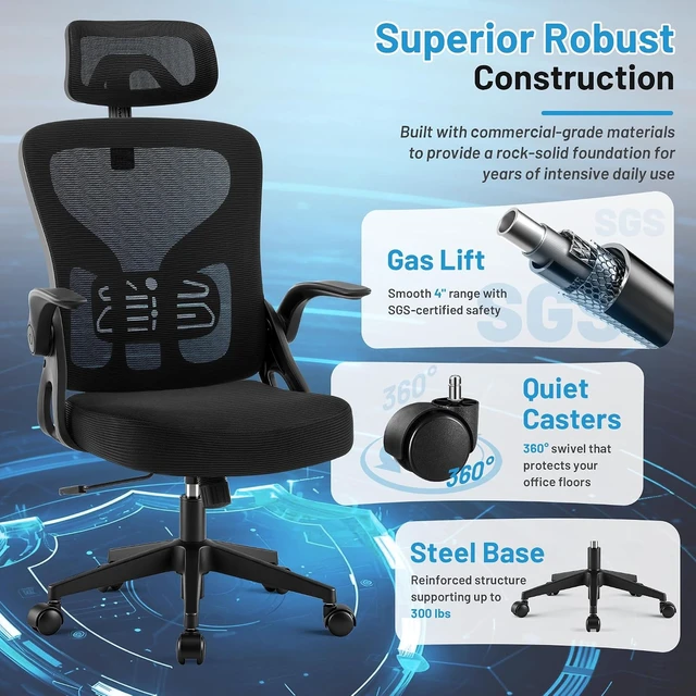 Alt view image 6 of 7 - Office Chair Ergonomic Desk Chair with Adjustable Headrest Lumbar Support, High Back Breathable Mesh Chair with 120° Tilt & Flip-Up Armrests, Swivel Comfy Task Computer Chair for Work, Study