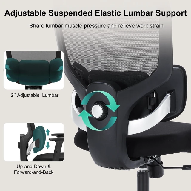 Alt view image 4 of 7 - Office Chair Ergonomic Desk Chairs with Adjustable Lumbar Support & Headrest, Mesh High Back Home Office Desk Chairs with Adjustable Height Armrests, Comfy Swivel Task Computer Chair