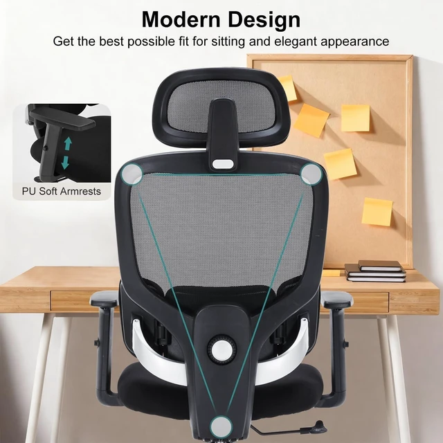 Alt view image 5 of 7 - Office Chair Ergonomic Desk Chairs with Adjustable Lumbar Support & Headrest, Mesh High Back Home Office Desk Chairs with Adjustable Height Armrests, Comfy Swivel Task Computer Chair