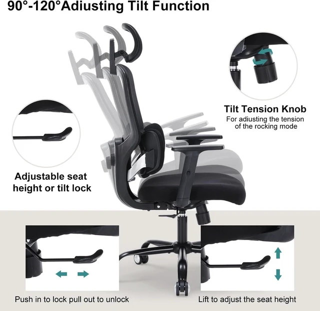 Alt view image 7 of 7 - Office Chair Ergonomic Desk Chairs with Adjustable Lumbar Support & Headrest, Mesh High Back Home Office Desk Chairs with Adjustable Height Armrests, Comfy Swivel Task Computer Chair