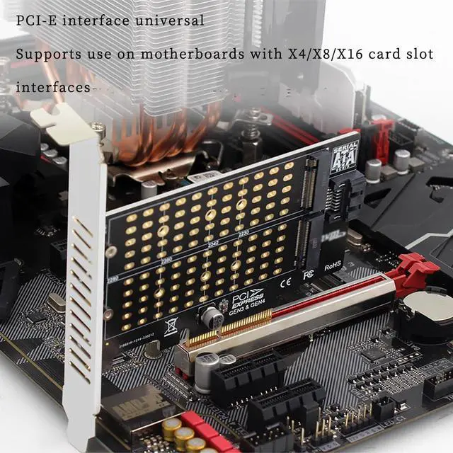 Alt view image 5 of 6 - PH42 Dual M.2 NVMe & NGFF SSD to PCIe Adapter 32Gbps /6Gbps Supports M-Key & B-Key B+M Key SSD Support X4 X8 X16 Slot with SATA Cable