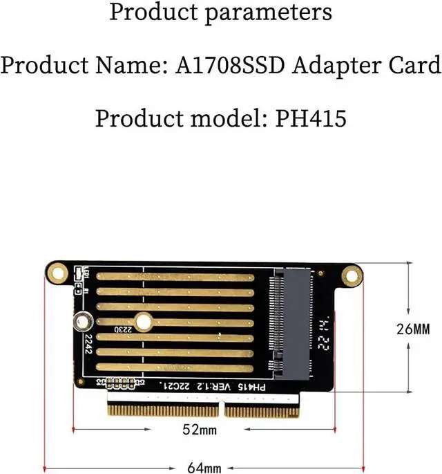 Alt view image 4 of 7 - PH415 A1708 SSD to NGFF M.2 M-Key NVMe Adapter Card Support 2230 2242 SSD Compatible with MacBook Pro 2016 2017