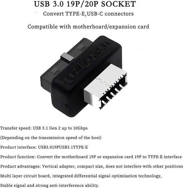 Alt view image 5 of 7 - PH73S+ USB Front Panel Adapter 10Gbps Type-E USB 3.0 Front 19PIN to 3.1 USB C Header Support for Motherboard with USB 3.0 USB3.1 19PIN Interface