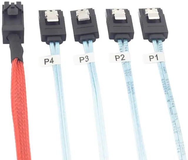 Alt view image 2 of 5 - Mini SAS HD SFF 8643 to 4X SATA Cable 0.5m 1m  High Speed 12Gbps Server Connection Wire, Red, 30AWG Copper (1m)