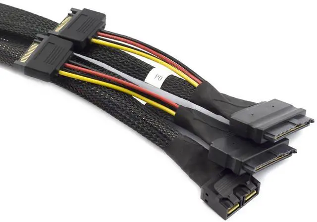 Alt view image 4 of 5 - Mini SAS HD 8643 4i to Dual SAS 8639 with SATA 15-Pin Cable  12Gbps High-Speed Server Interconnect, 32AWG Copper Wire (1m)