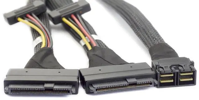 Alt view image 5 of 5 - Mini SAS HD 8643 4i to Dual SAS 8639 with SATA 15-Pin Cable  12Gbps High-Speed Server Interconnect, 32AWG Copper Wire (1m)