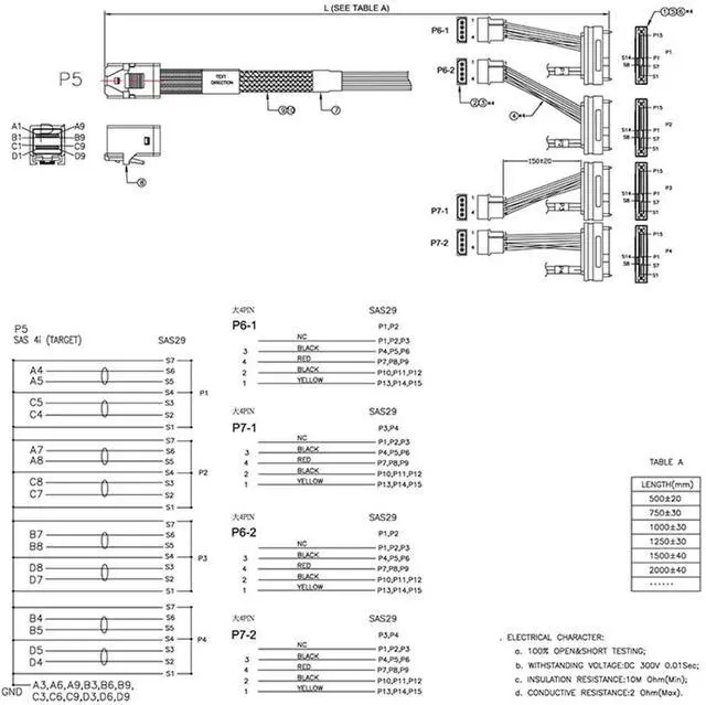Alt view image 6 of 6 - Mini SAS HD SFF-8643 to 4X SAS SFF-8482 Server Cable \u2013 12Gbps Server Internal High-Speed Cable | 30AWG | with Power Cable (39.37, Inches)