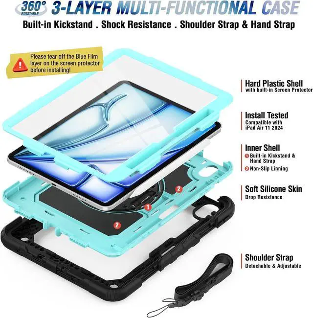 Alt view image 6 of 6 - Case Compatible with iPad Air 11 2025/2024 with Screen Protector Pen Holder | Case for iPad Air 7th/6th Gen 11 inch | Heavy Duty Rugged Protective Cover W/Hand Strap Shoulder Strap