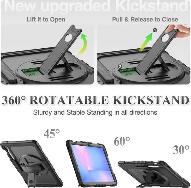 Alt view image 4 of 7 - Case for SAM-SUNG Galaxy Tab S10 FE+ Plus 5G Tablet Case 13.1'' Protective with Screen Protector, Pencil Holder, 360 Rotating Stand, Hand Strap, Shoulder Strap, Black1