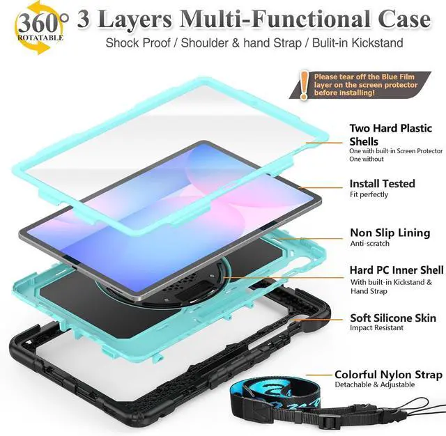 Alt view image 6 of 7 - Case for SAM-SUNG Galaxy Tab S10 FE+ Plus 5G Tablet Case 13.1'' Protective with Screen Protector, Pencil Holder, 360 Rotating Stand, Hand Strap, Shoulder Strap, SkyBlue1