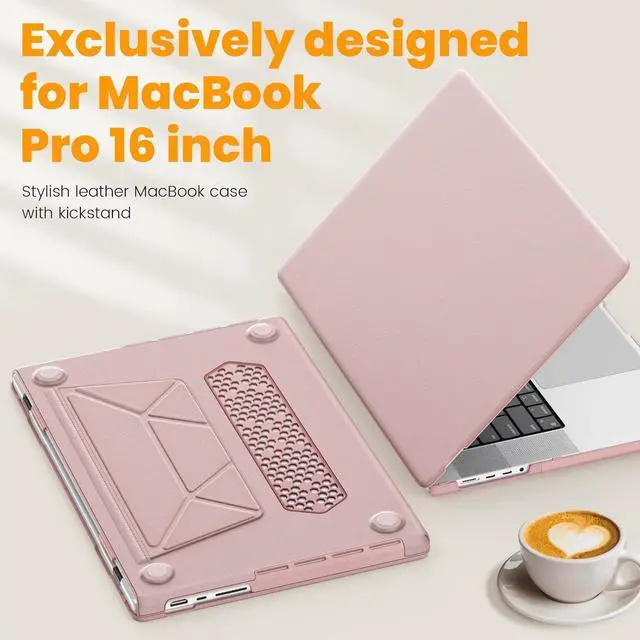 Alt view image 6 of 7 - Case for MacBook Pro 16 inch 2024-2021 A3403 A3186 A2991 A2780 A2485 M4-M1, Shock-Absorbing Protection Case with Magnetically-Folio Stand &Mouse Pad/Bag (Leather-Like Color Pink)