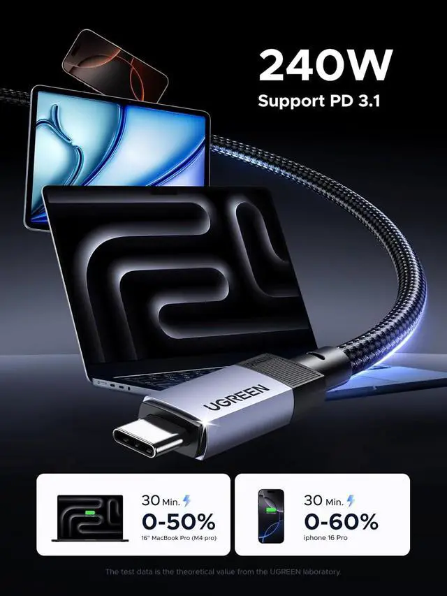 Alt view image 4 of 7 - UGREEN 240W USB C Cable Gen2 10Gbps USB 3.2, 4K 60Hz Video Output Fast Charging Compatible with iPhone 17/16/14 Pro Max, NVMe SSD, Monitor, Galaxy S25/S25/S24 Ultra, MacBook Pro, 3.3FT