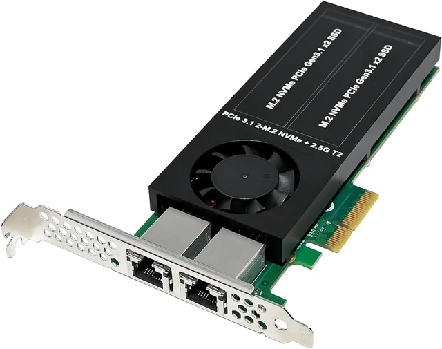 Alt view image 2 of 7 - PCIe 3.1 X4 to Dual 2.5G Network Card+Dual M.2 NVMe PCIe Adapter with Low Profile Bracket Support M.2 (M Key) NVMe SSD 22110/2280 /2260/2242 /2230