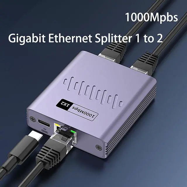 Alt view image 2 of 7 - Gigabit Ethernet Splitter 1 to 2 High Speed, 1000Mbps Internet Splitter 1 in 2 Out, LAN Splitter with USB Power Cable, RJ45 Splitter for Cat5/5e/6/7/8 Cable(2 Devices Simultaneously Networking)