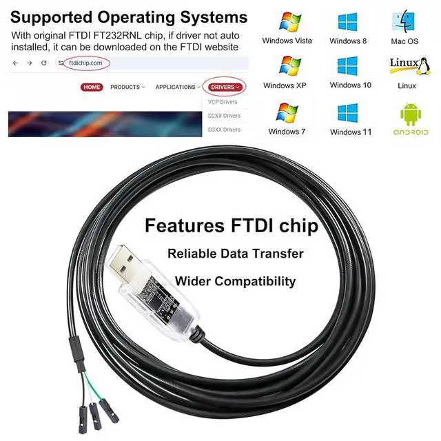 Alt view image 2 of 7 - DTECH USB to TTL Adapter FTDI Chip 3.3V 3 Pin USB to UART Debug Cable FT232RNL IC Serial Converter 6ft LED Indicators Output 3.3 Volt for Windows 11 10 8 7 XP MAC Linux Easy Debugging Programming