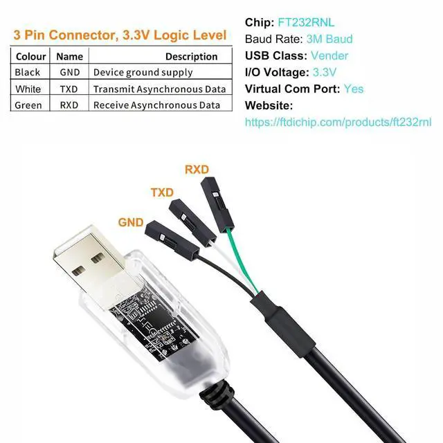 Alt view image 5 of 7 - DTECH USB to TTL Adapter FTDI Chip 3.3V 3 Pin USB to UART Debug Cable FT232RNL IC Serial Converter 6ft LED Indicators Output 3.3 Volt for Windows 11 10 8 7 XP MAC Linux Easy Debugging Programming