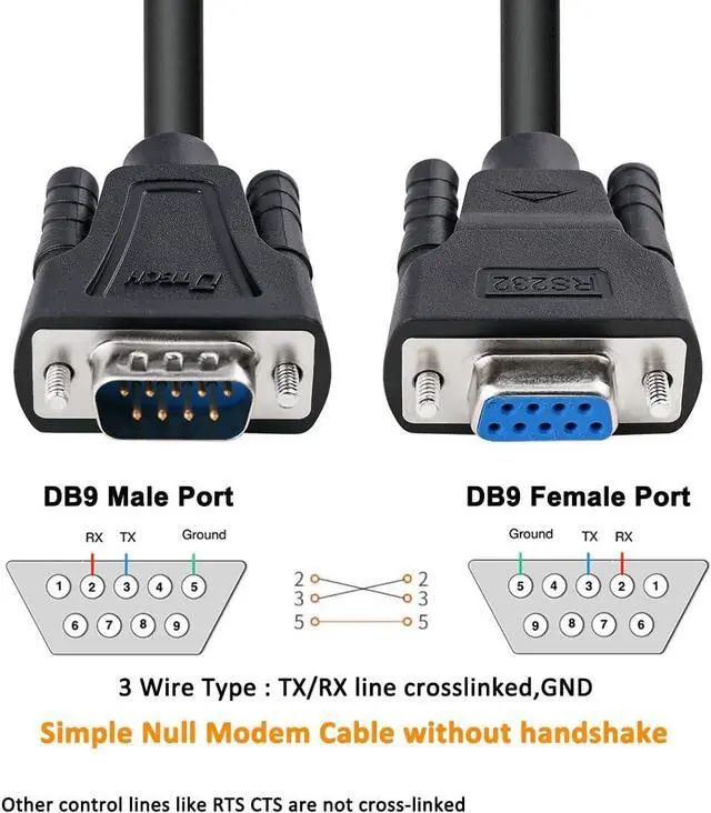 Alt view image 2 of 7 - DTech 15ft DB9 RS232 Serial Cable Male to Female Extension Simple Null Modem Cord Cross TX RX Line 2 Pin Crossed for Computer Data Communication (15 Feet, Black)