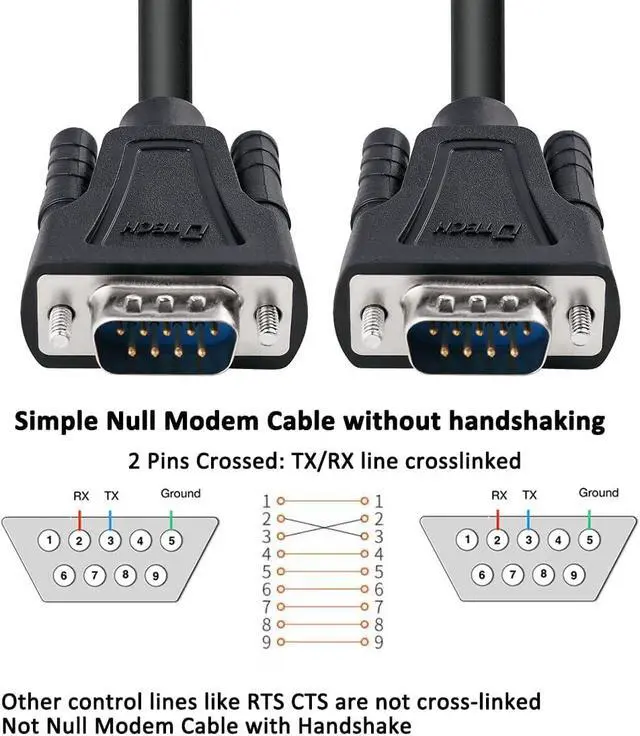 Alt view image 2 of 7 - DTech RS232 Cable 15ft Null Modem DB9 to DB9 Serial Cable Male to Male RS-232 Cord Cross TX RX line 2 Pin Crossed Without Handshake for Data Communication (15 Feet, Black)