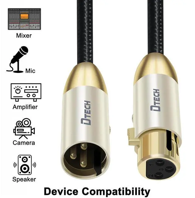 Alt view image 3 of 7 - DTECH 5ft XLR to XLR Microphone Cable Male to Female Balanced Audio Cord for Mic Speaker PA Systems Standard 3 Pin Gold Plated Connectors Nylon Braided Instrument Wire, 5 Feet, Black