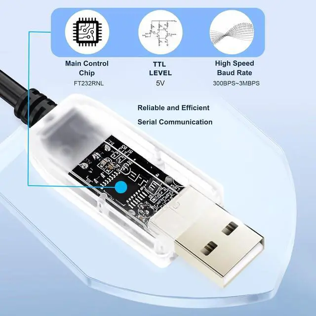 Alt view image 3 of 6 - DTECH USB to TTL Adapter FTDI Chip 5V 6 Pin USB to UART Debug Cable FT232RNL IC Serial Converter 3ft LED Indicators Output 5 Volt for Windows 11 10 8 7 XP MAC Linux Easy Debugging and Programming