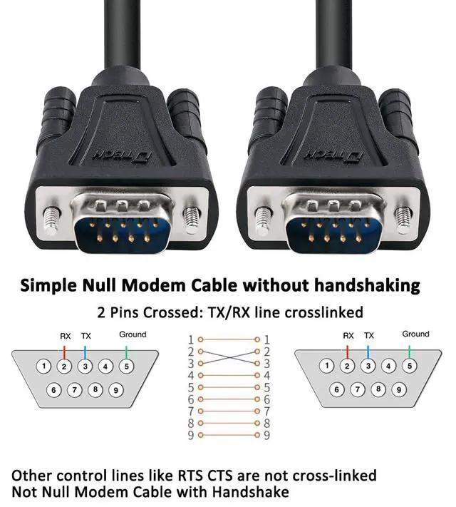 Alt view image 2 of 7 - DTech 5ft DB9 to DB9 RS232 Serial Cable Male to Male Simple Null Modem Cord Cross TX RX line 2 Pin Crossed Without Handshake for Computer Data Communication (5 Feet, Black)