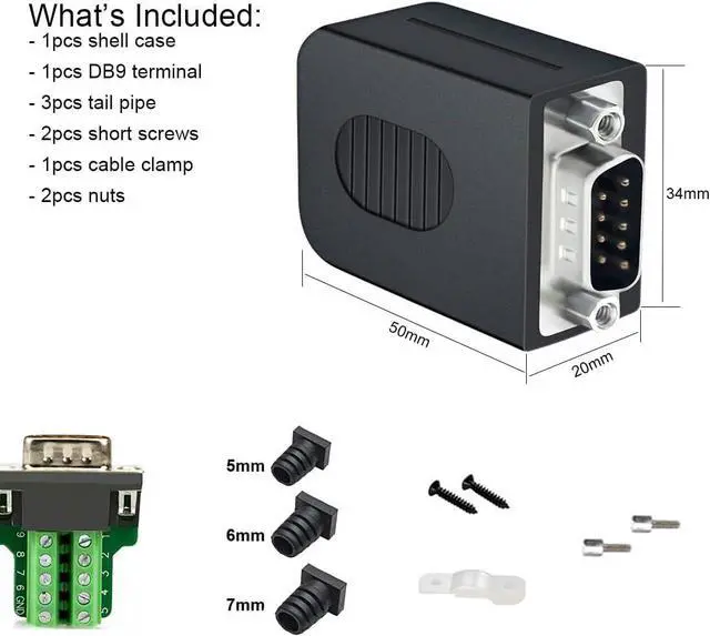 Alt view image 3 of 7 - DTECH DB9 Breakout Connector Male RS232 Connector Kit Serial Adapter DB-9 Solderless Module Board with Terminals Block, Case, Nuts and Tail Pipes (DB9 Male + Nuts)