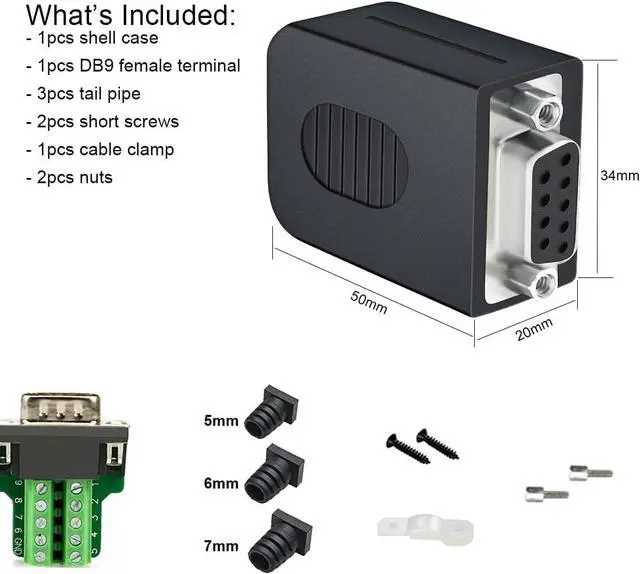 Alt view image 3 of 7 - DTECH DB9 Breakout Connector DB-9 Female RS232 Serial Adapter Solderless Module Board with Terminal Block, Case, Nuts and Tail Pipes (DB9 Female + Nuts)