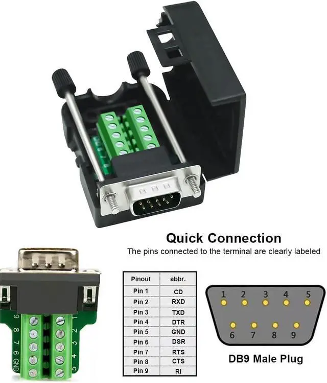 Alt view image 2 of 7 - DTech DB9 Breakout Connector, Male RS232 Serial Adapter, Solderless Module Board with Screw Terminals, Case, Long Bolts, Tail Pipes