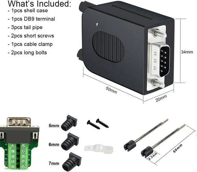 Alt view image 3 of 7 - DTech DB9 Breakout Connector, Male RS232 Serial Adapter, Solderless Module Board with Screw Terminals, Case, Long Bolts, Tail Pipes