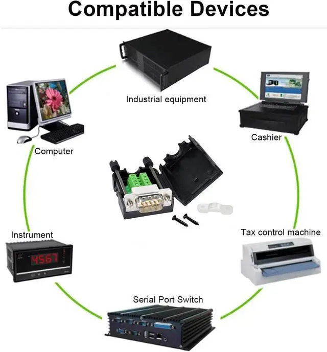 Alt view image 7 of 7 - DTech DB9 Breakout Connector, Male RS232 Serial Adapter, Solderless Module Board with Screw Terminals, Case, Long Bolts, Tail Pipes