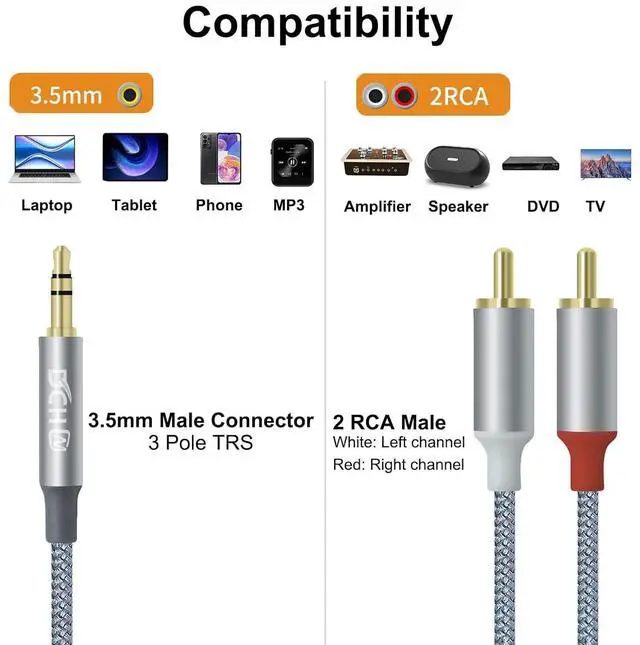 Alt view image 3 of 6 - DCHAV 3.5mm to RCA Audio Cable 4ft 2 Male RCA Aux Cord Adapter Headphone Jack Y Splitter for Speaker Stereo Car Subwoofer TV MP3 Laptop Amplifier with Nylon Braided Wire Gold Plated Plug Red White